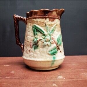 Vintage Antique 19th Century Majolica Basketweave Floral Pitcher Creamer